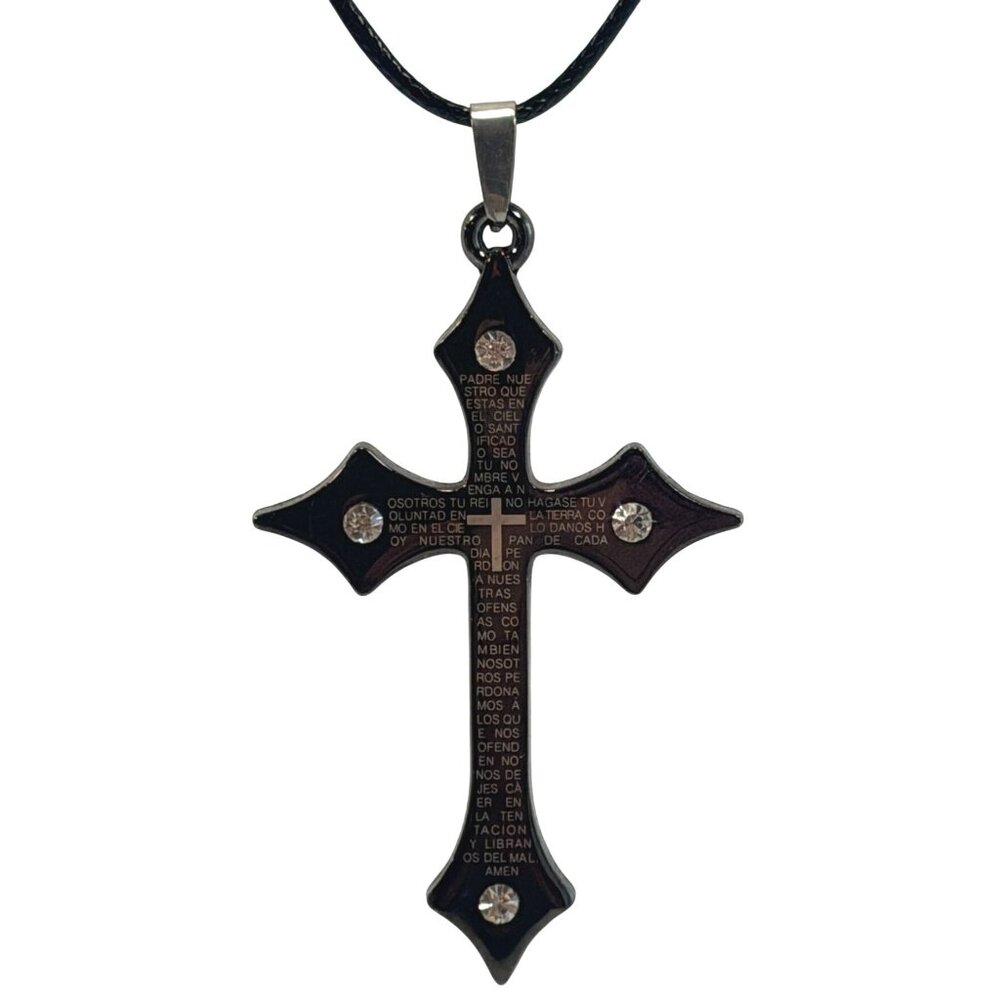 New Black Spanish Lord's Prayer Cross Pendant Necklace Statement Jewelry on Card - Picture 3 of 8